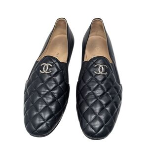 Chanel Black Leather Quilted Flat Loafer Size EU 38